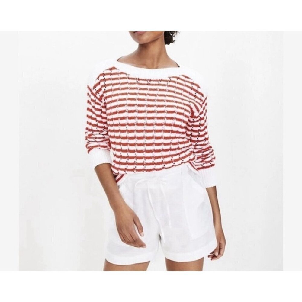 Loft Medium Stripe Open Weave Stitch Boatneck Sweater Red White Xmas Holiday Y2K - Picture 1 of 10